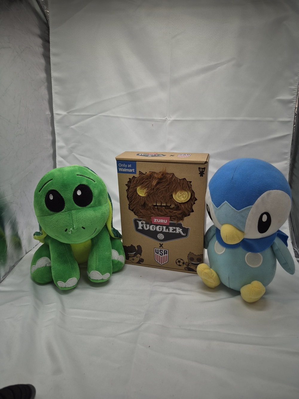 Green Turtle Plush, Piplup Plush & Zuru Fuggler Boxed Toy